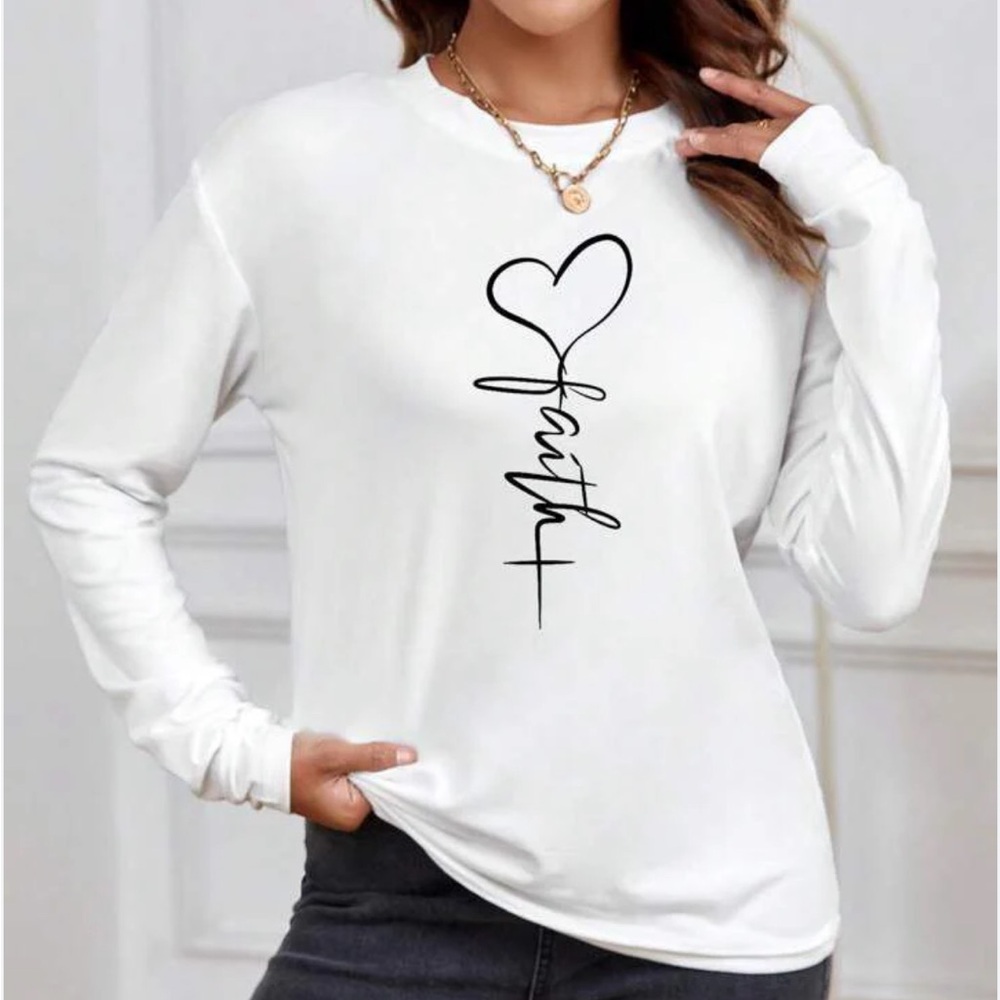 Faith Graphic Long Sleeve Tee Medium White NWOT - Picture 1 of 6